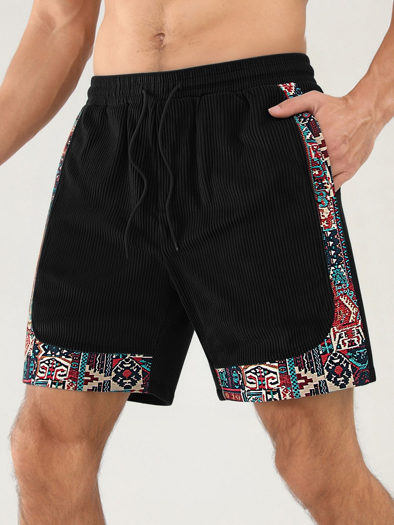 Ethnic Geometric Jacquard Patchwork Corduroy Shorts