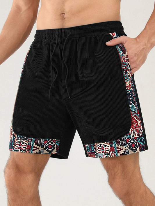Ethnic Geometric Jacquard Patchwork Corduroy Shorts