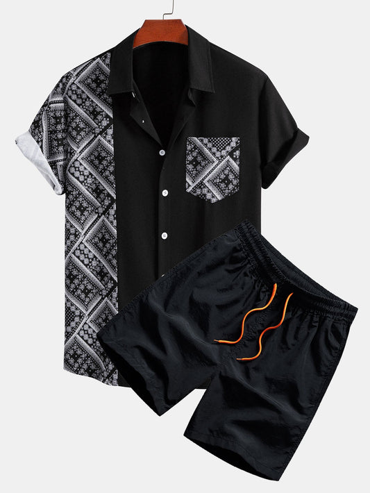 Paisley Print Patchwork Button Up Shirt & Swim Shorts