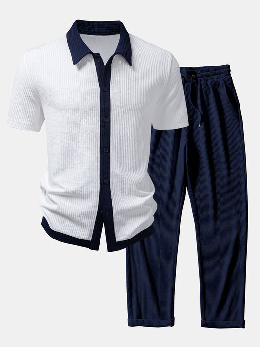 Contrast Ribbed Button Up Shirt & Straight Leg Ribbed Pants
