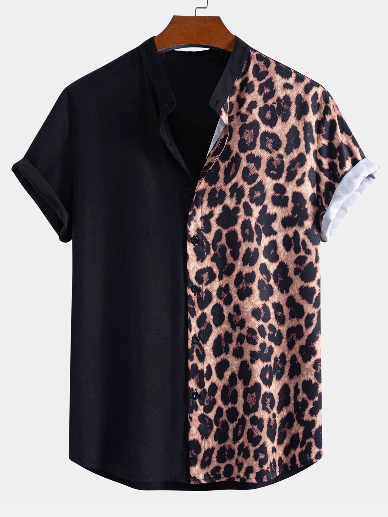 Leopard Patchwork Stand Collar Shirt & Swim Shorts