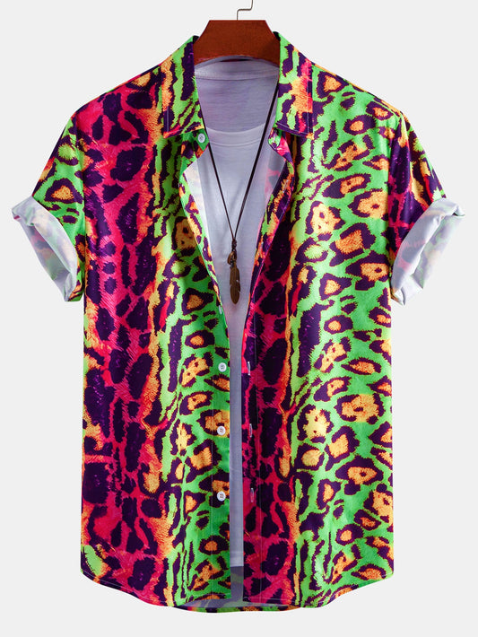 Colorful Leopard Print Button Up Shirt & Swim Shorts