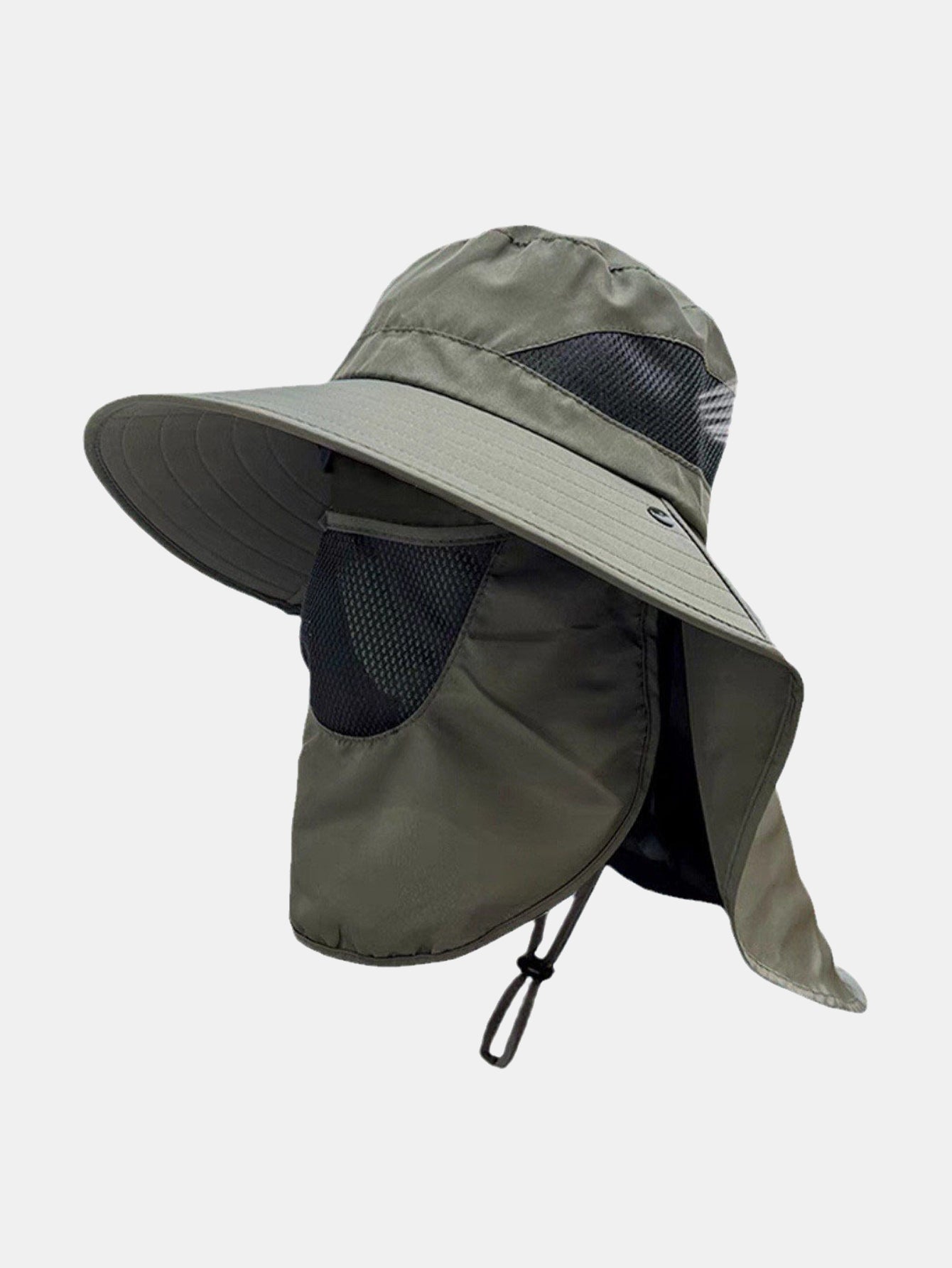 Wide-Brimmed Bucket Hat With Detachable Face And Neck Flap — Features Breathable Mesh Material And Adjustable Drawstring