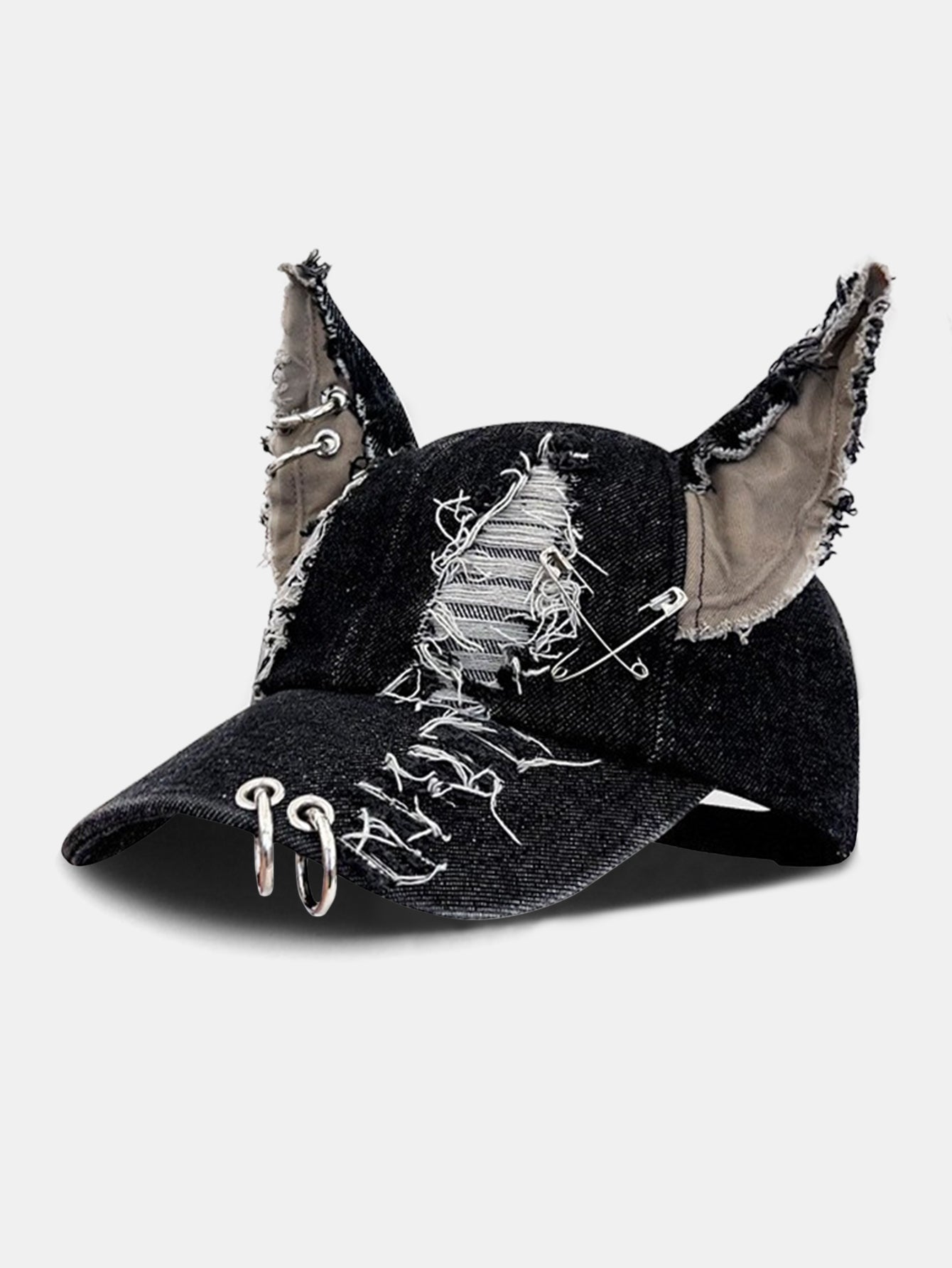 Gothic Western Distressed Denim Baseball Cap With Metal Rings