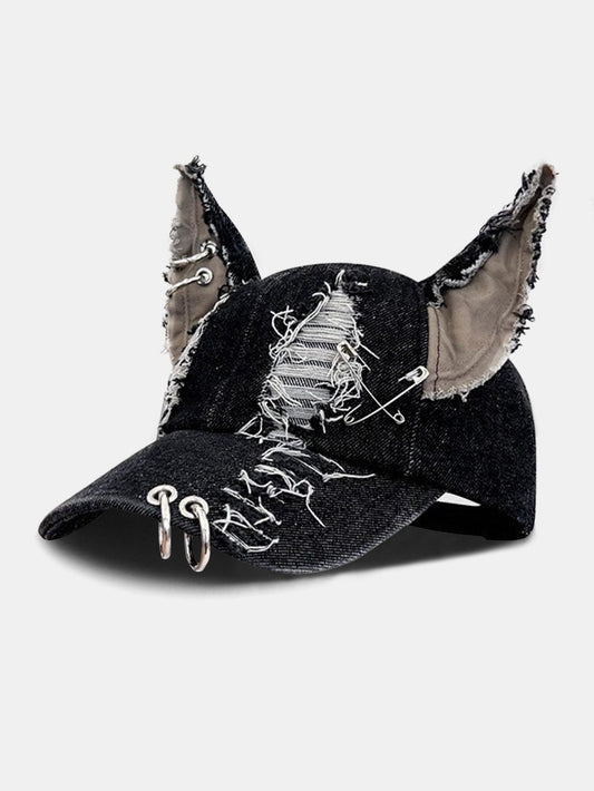 Gothic Western Distressed Denim Baseball Cap With Metal Rings