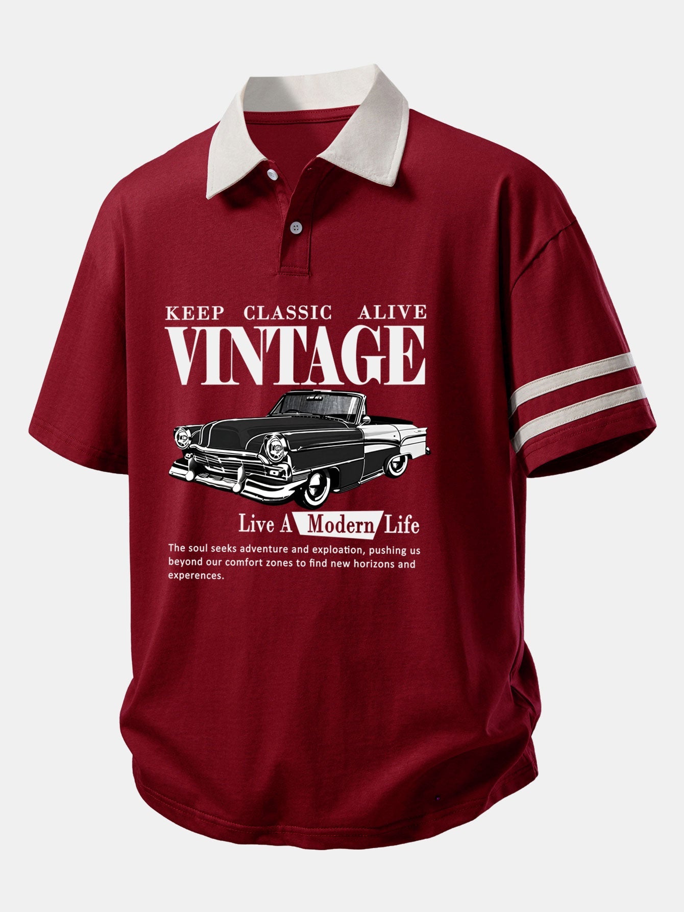 Relax Fit Vintage Car Print Contrast Collar Polo Shirt