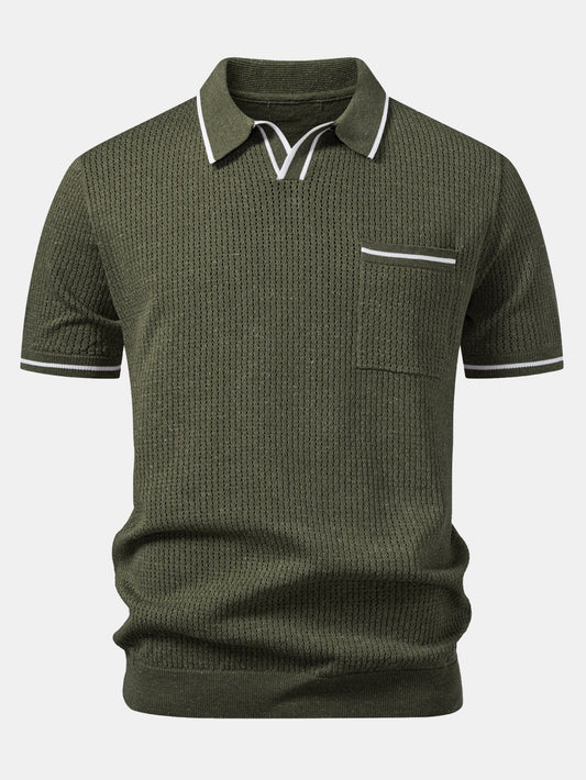 Contrast Stripe Trim Pocket Johnny Collar Knit Polo
