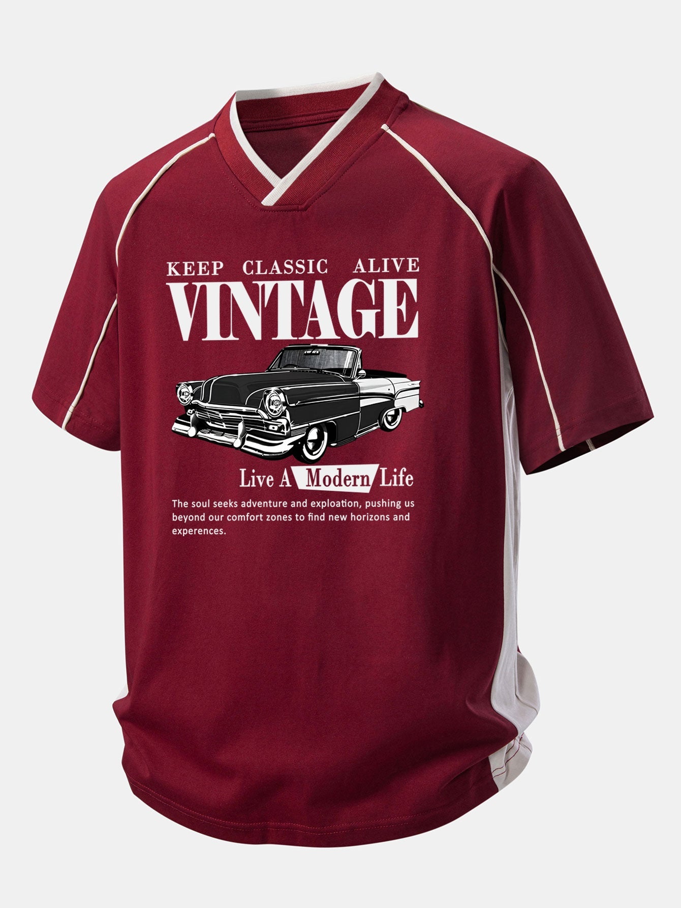 Vintage Car Print Contrast Piping V-Neck Raglan Sleeve T-Shirt