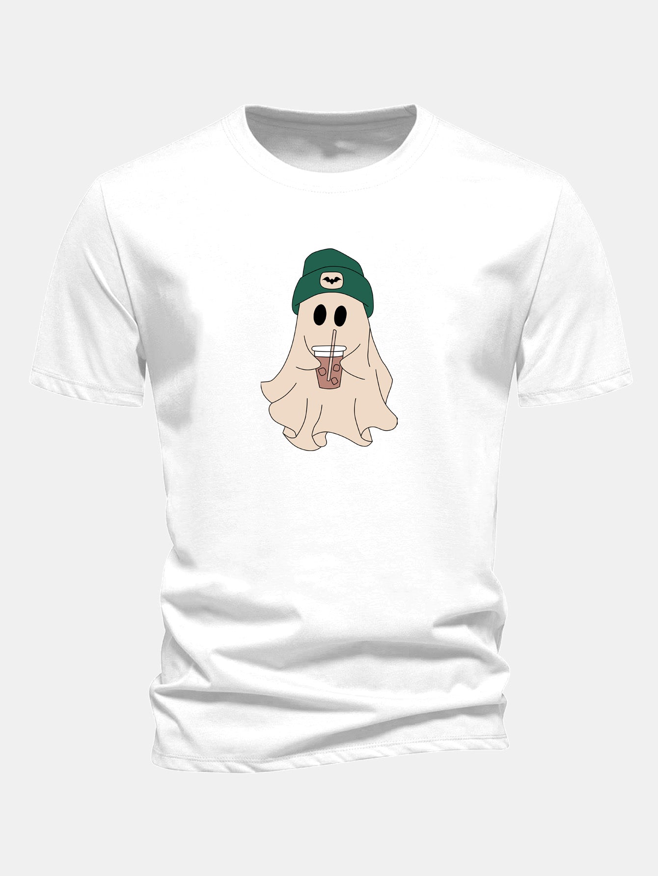 Regular Fit Darkgreen Hat Ghost Print Cotton T-Shirt