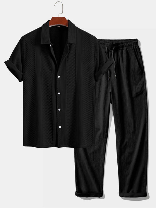 Geometric Jacquard Button Up Shirt & Crinkle Textured Straight Leg Pants