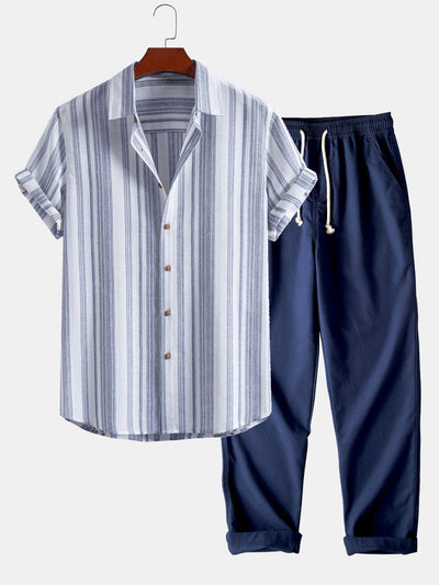 Stripe Linen Look Button Up Shirt & Straight Leg Linen Pants
