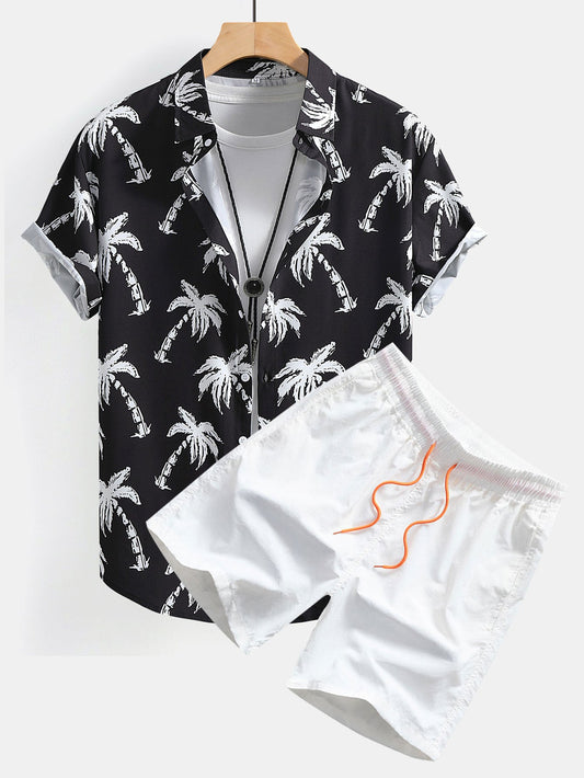 Palm Tree Print Button Up Shirt & Swim Shorts