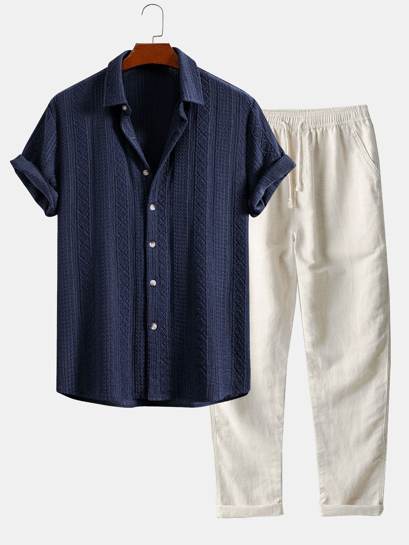 Geometric Jacquard Button Up Shirt & Straight Leg Linen Pants