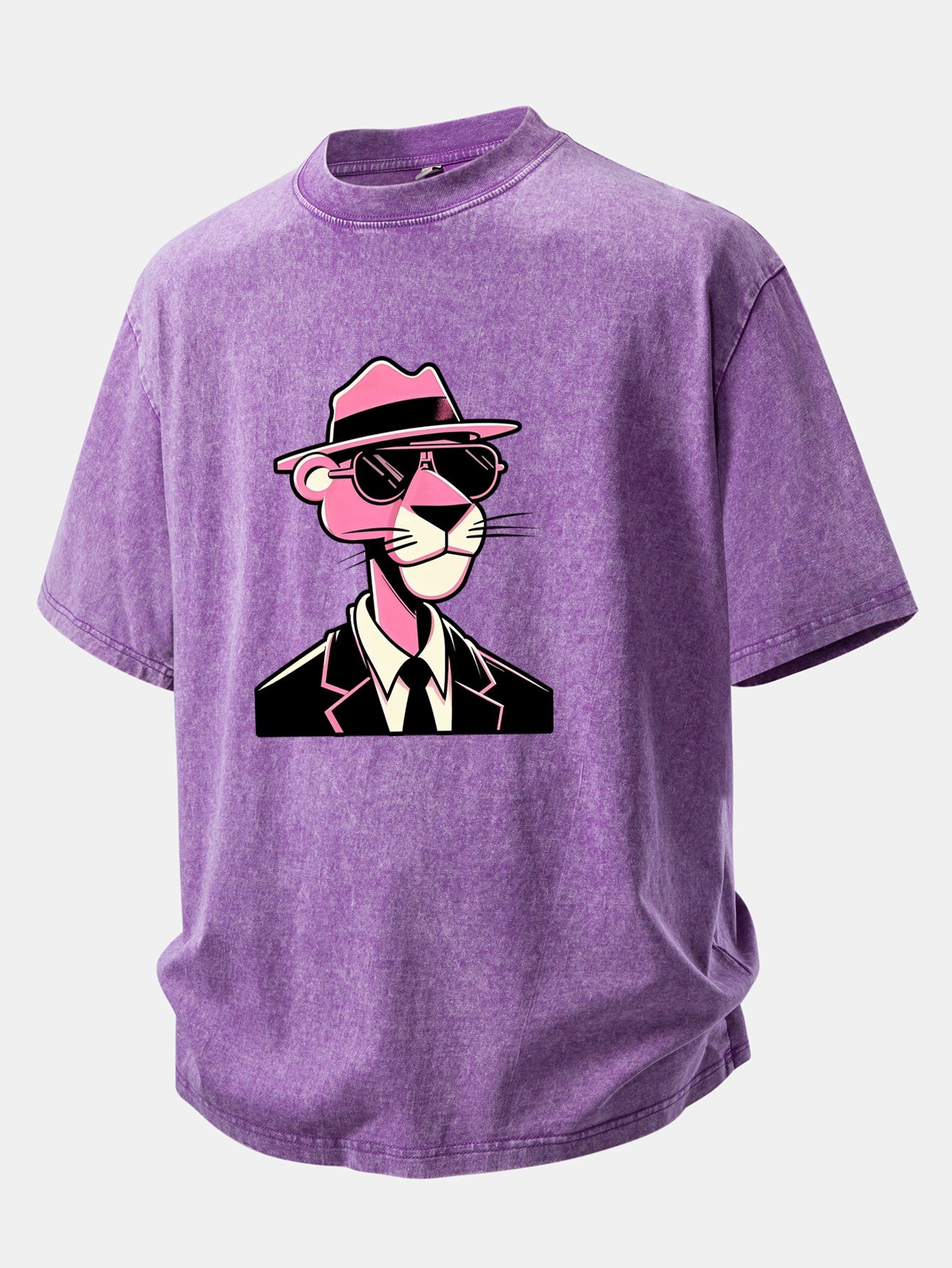 Pink Gentleman Panther Print Washed Distressed Drop Shoulder T-Shirt