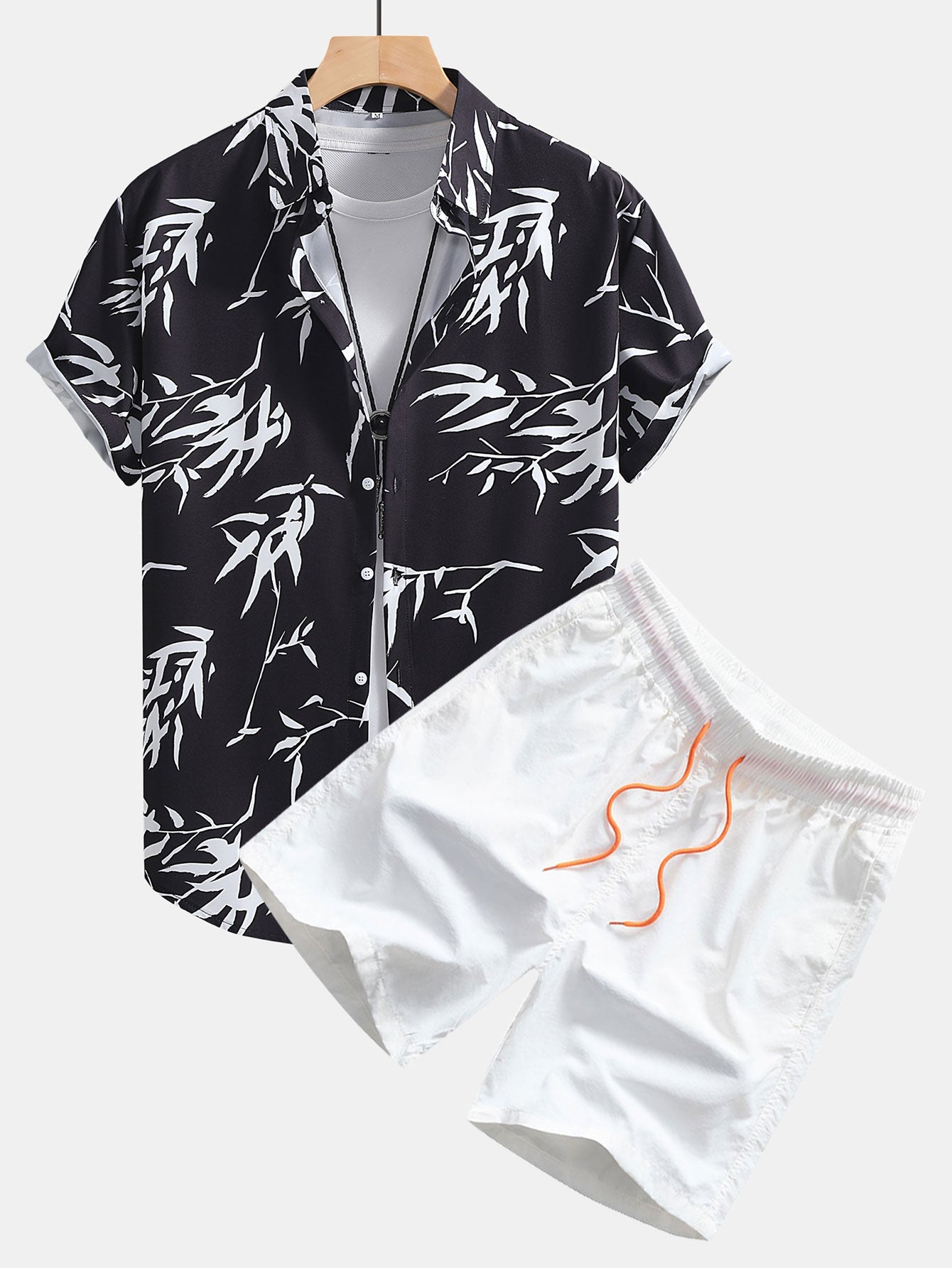 Bamboo Leaves Print Button Up Shirt & Swim Shorts