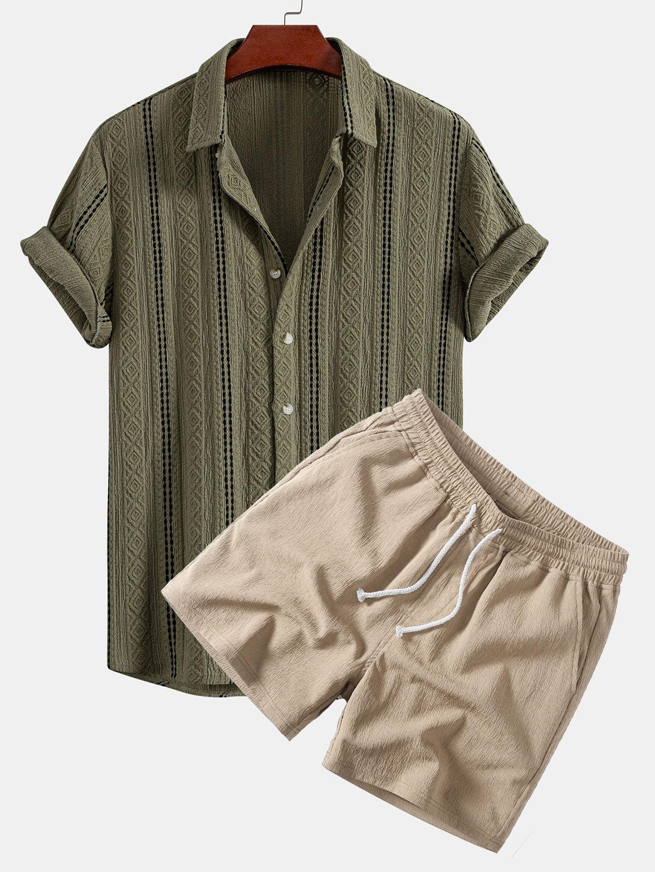 Geometric Striped Jacquard Button Up Shirt & Crinkle Textured Drawstring 5" Shorts