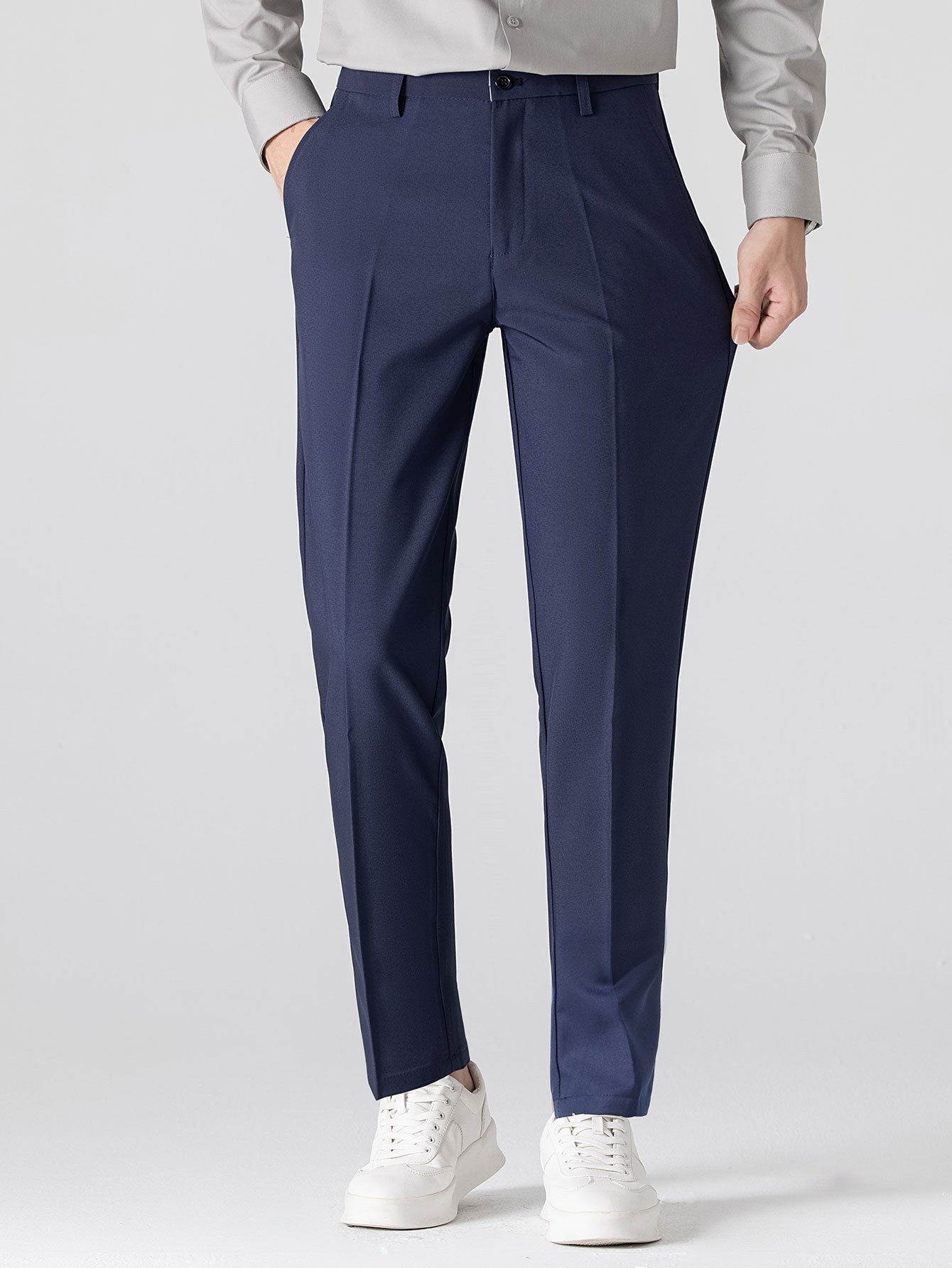 Short Sleeve Linen Look Stand Collar Shirt & Slim Fit Tapered Trousers