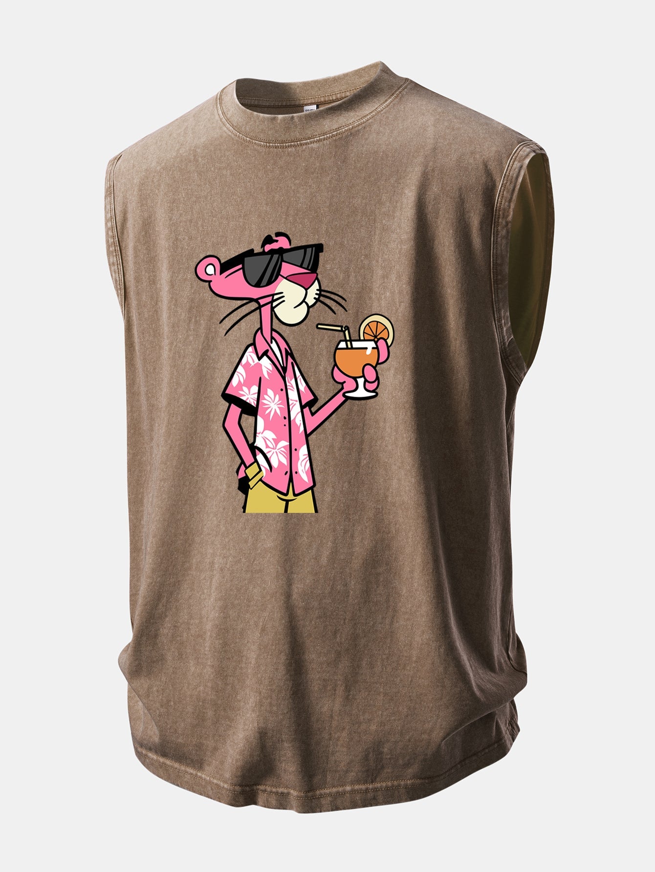 Vacation Pink Panther Print Washed Distressed Tank Top