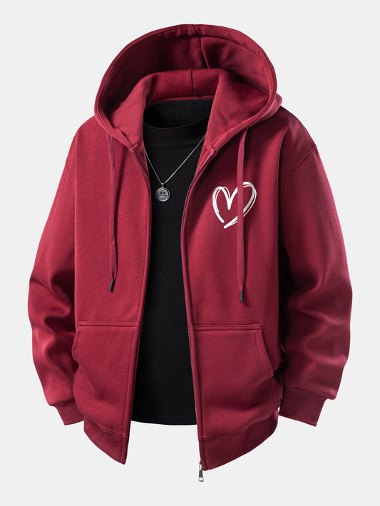 Heart Print Zip-Up Hoodie