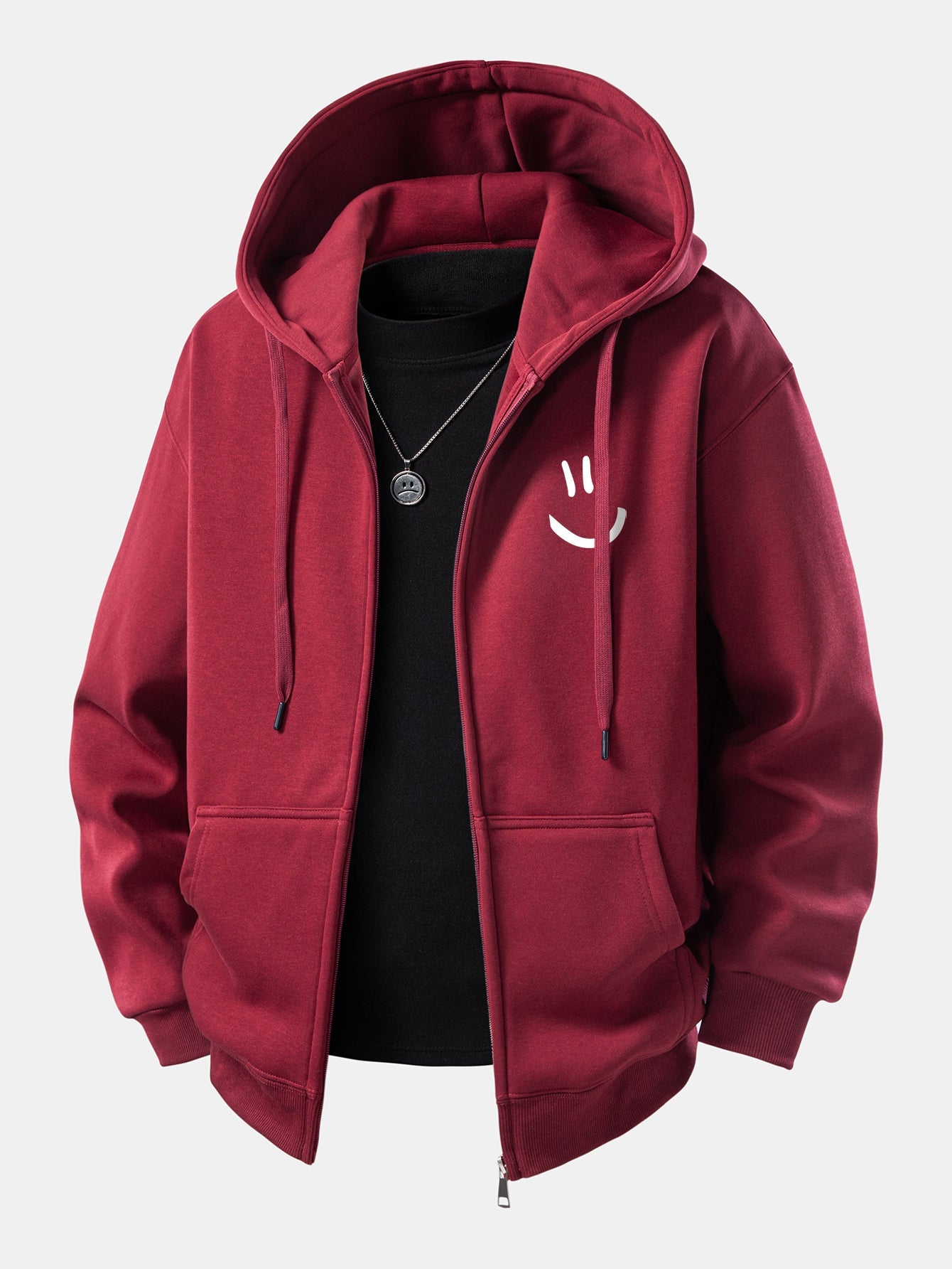 Smiley Face Print Zip-Up Hoodie