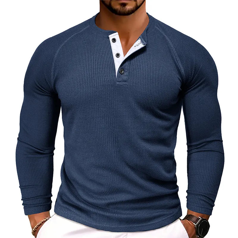 Men's Waffle Henley Collar Textured Long-sleeved Top