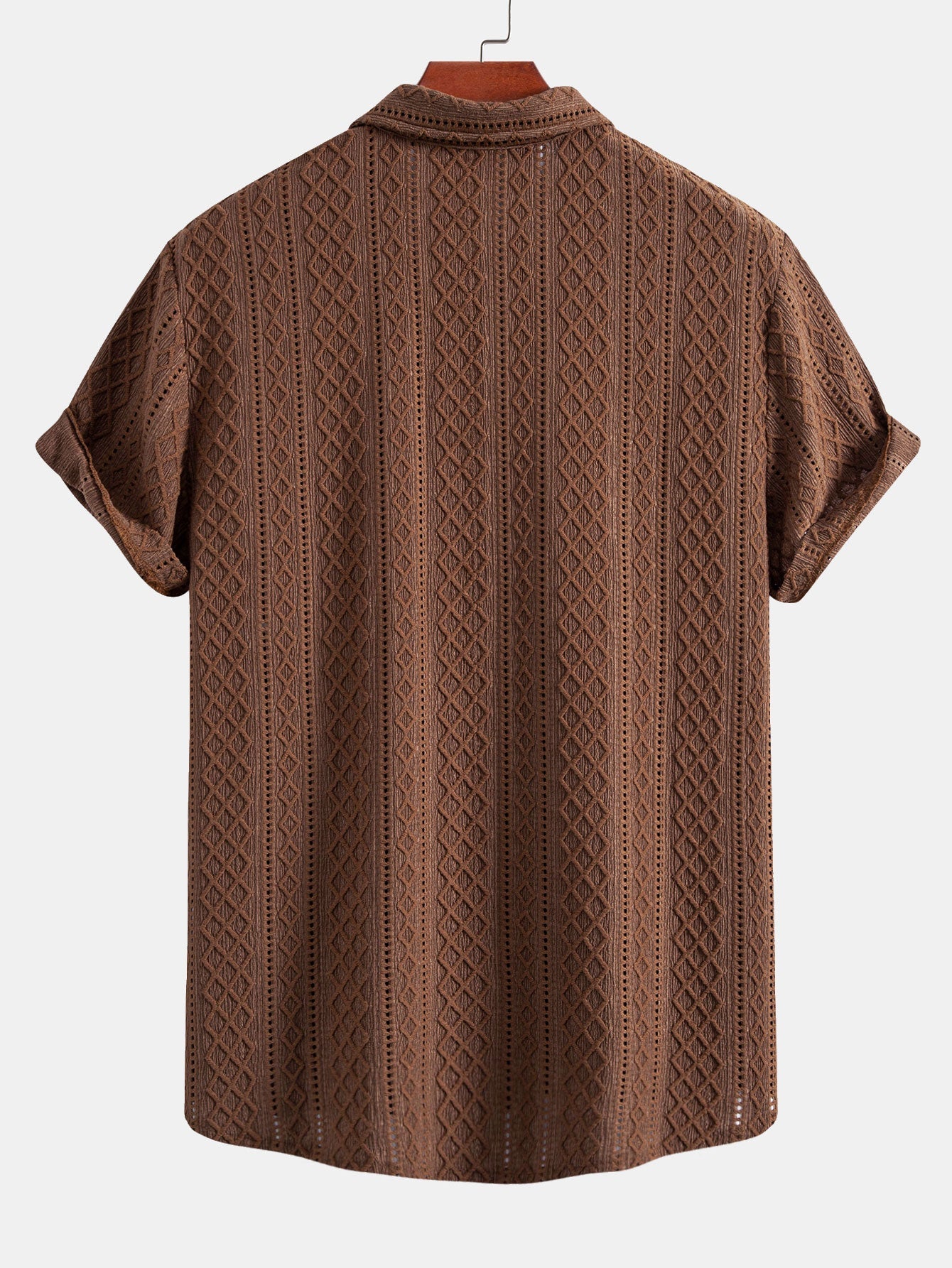 Geometry Rhombus Jacquard Button Up Shirt & Crinkle Textured Drawstring 5" Shorts