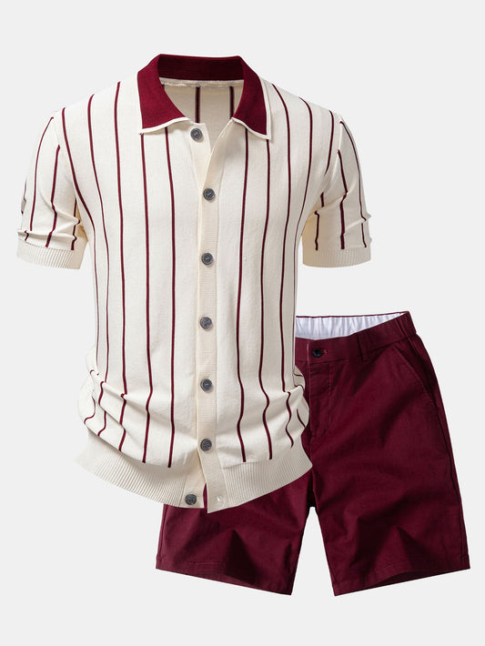 Stripe Button Up Knit Shirt & Elastic Waist Chino Shorts