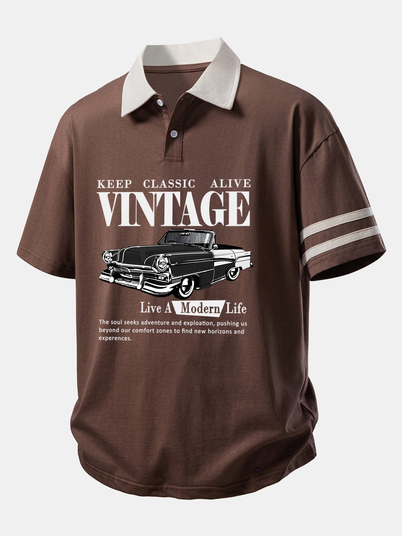 Relax Fit Vintage Car Print Contrast Collar Polo Shirt