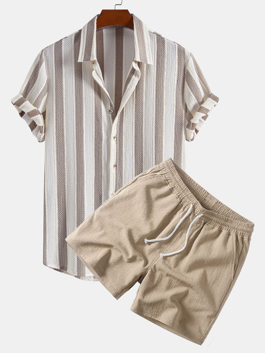 Textured Striped Button Up Shirt & Crinkle Textured Drawstring 5" Shorts