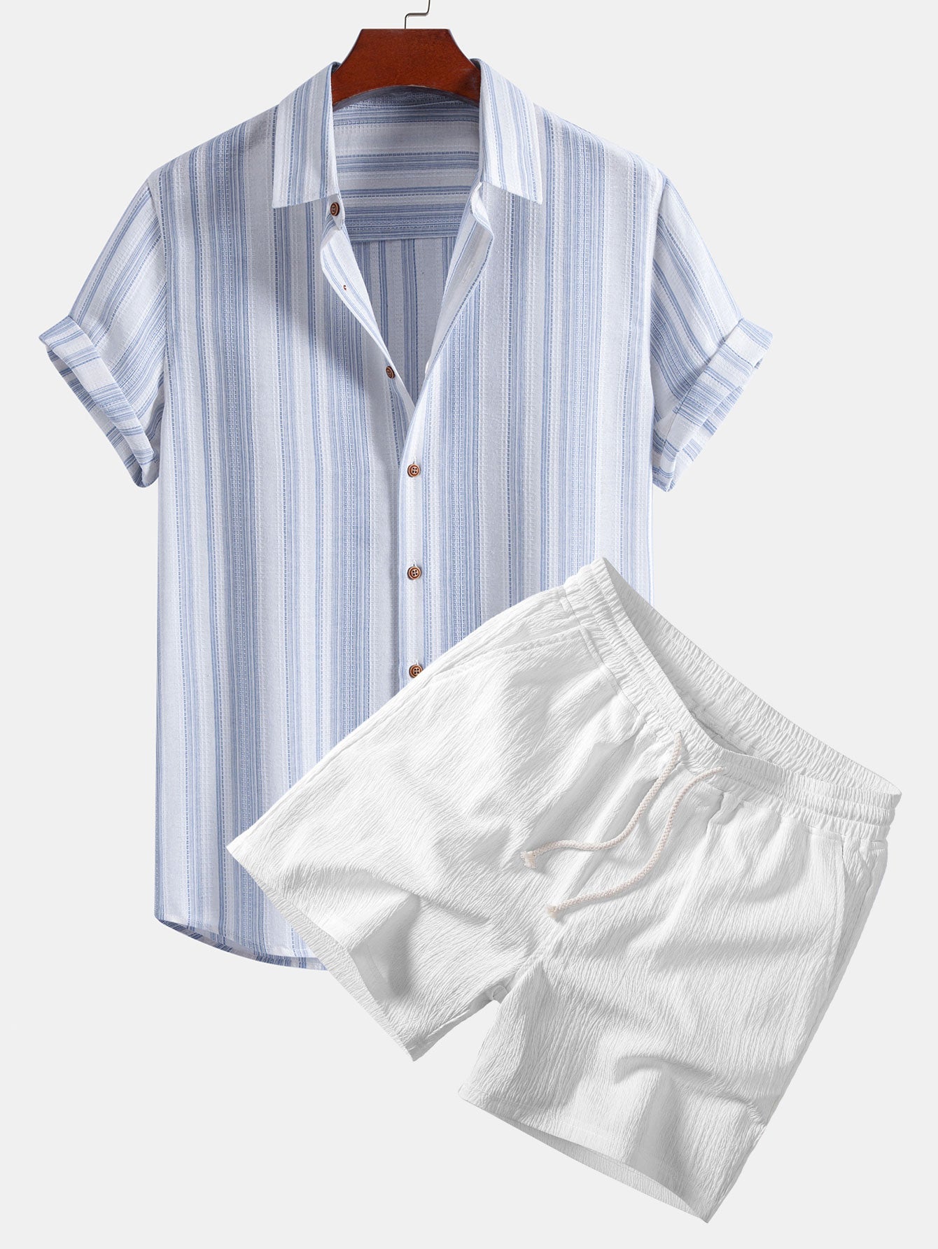 Stripe Linen Look Button Up Shirt & Crinkle Textured Drawstring 5" Shorts