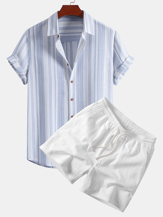 Stripe Linen Look Button Up Shirt & Crinkle Textured Drawstring 5" Shorts