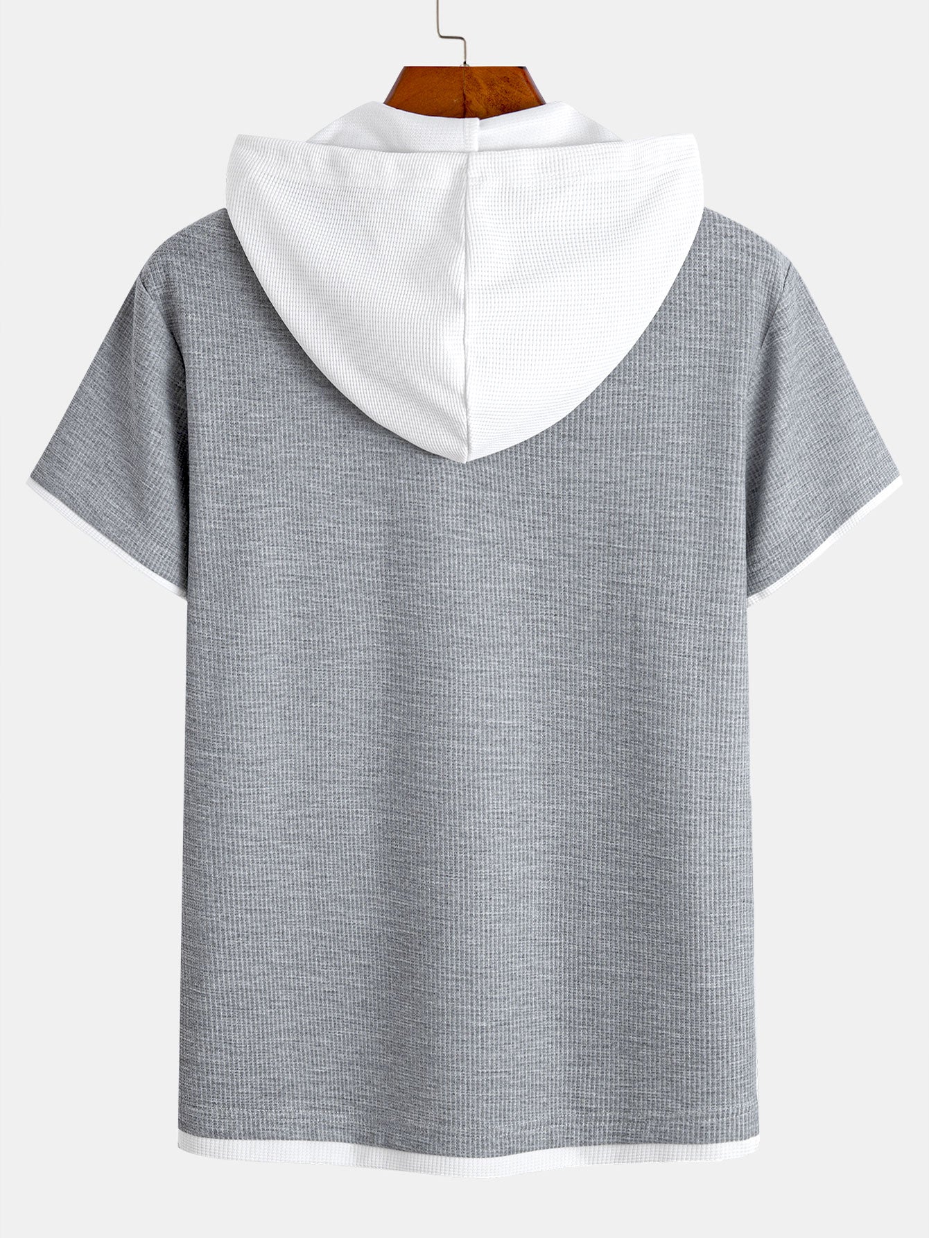 Contrast Button-Placket Waffle Hooded T-Shirt