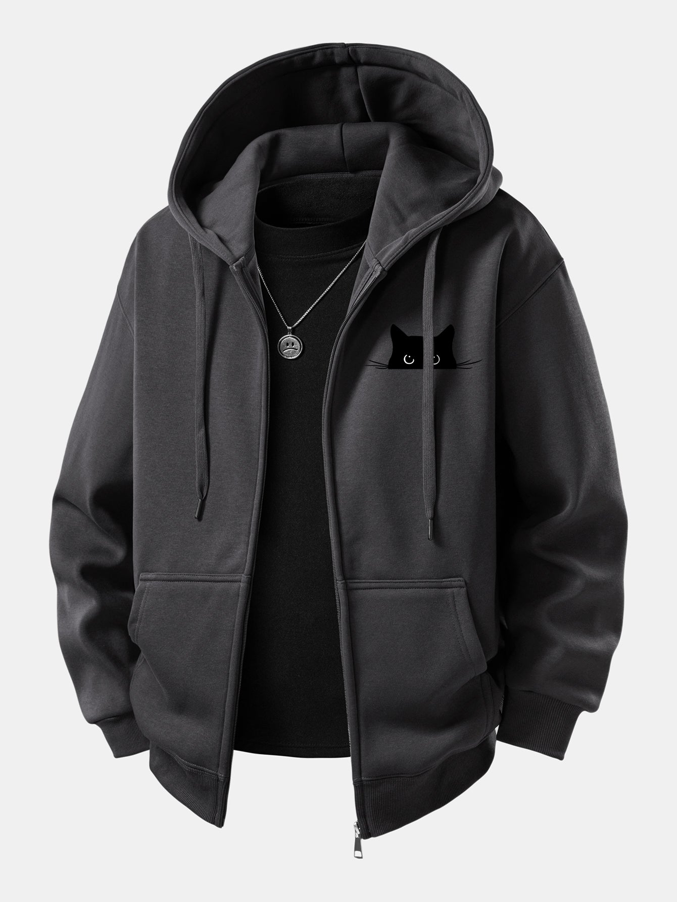 Black Cat Print Zip-Up Hoodie