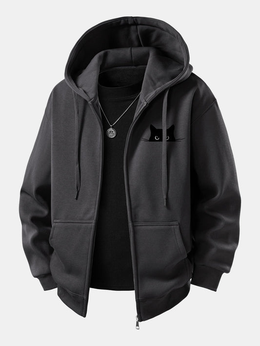 Black Cat Print Zip-Up Hoodie