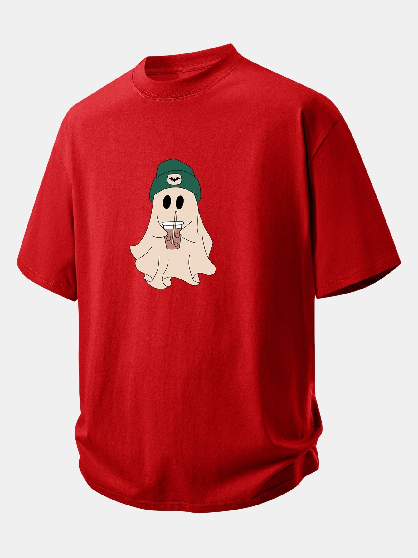 Relax Fit Darkgreen Hat Ghost Print Cotton T-Shirt