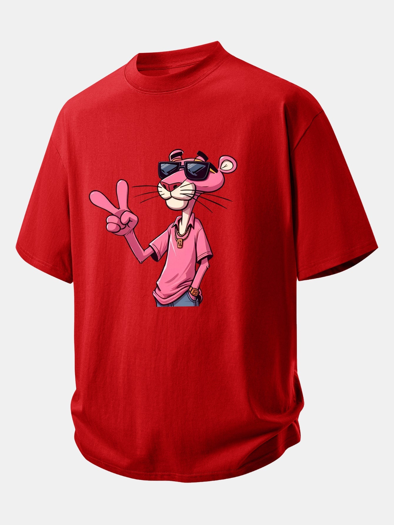 Relax Fit Pink Panther With V Sign Print Cotton T-Shirt