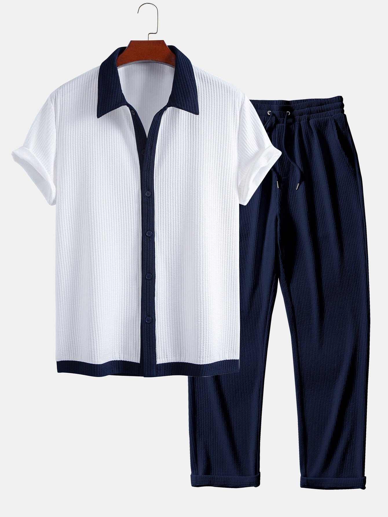 Contrast Ribbed Button Up Shirt & Straight Leg Ribbed Pants