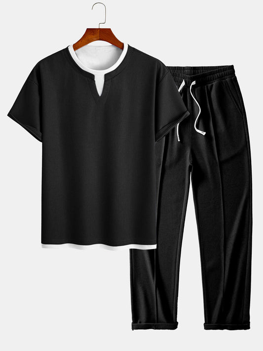 Relax Fit 2 In 1 Notched Collar Waffle T-Shirt & Waffle Pleated Pintuck Straight Leg Pants