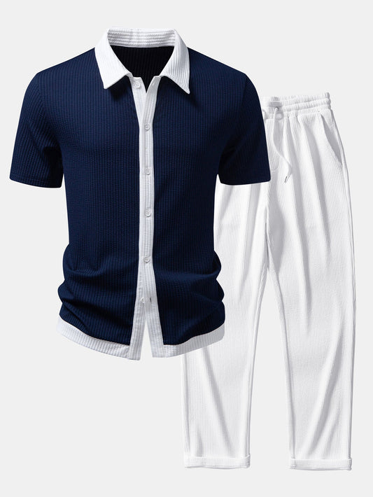 Contrast Ribbed Button Up Shirt & Straight Leg Ribbed Pants