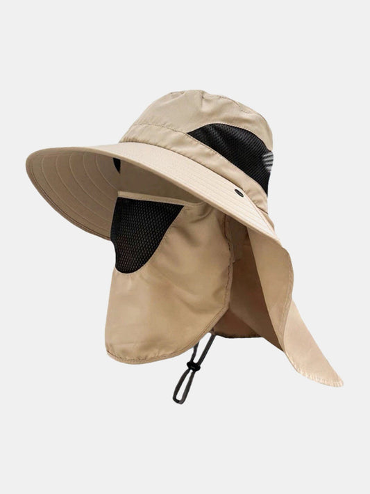 Wide-Brimmed Bucket Hat With Detachable Face And Neck Flap — Features Breathable Mesh Material And Adjustable Drawstring