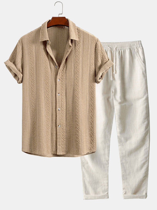 Geometric Jacquard Button Up Shirt & Straight Leg Linen Pants