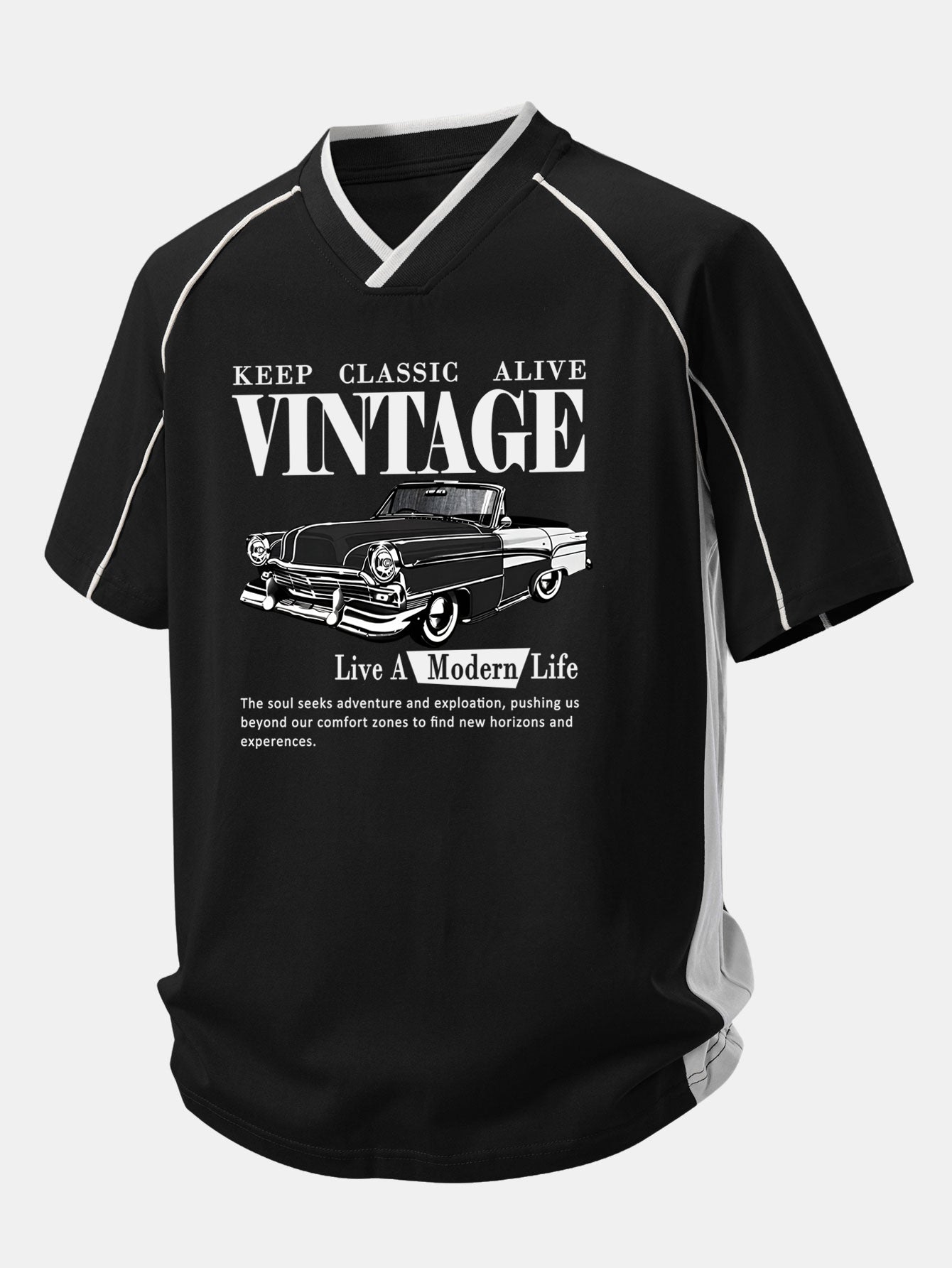 Vintage Car Print Contrast Piping V-Neck Raglan Sleeve T-Shirt