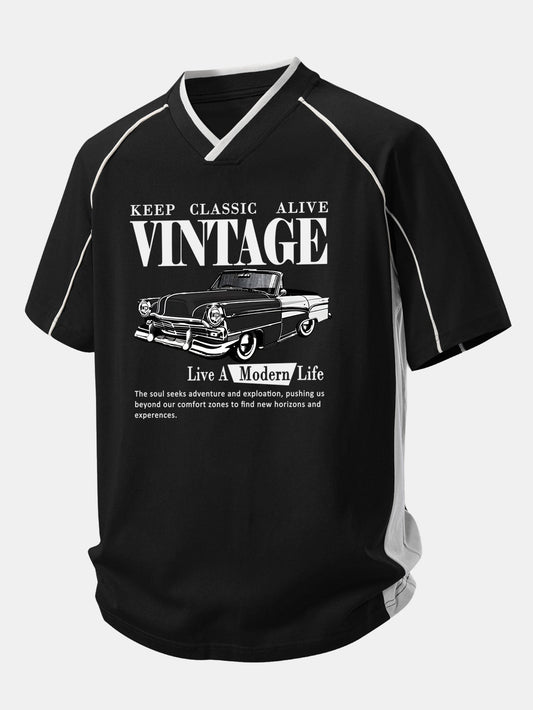 Vintage Car Print Contrast Piping V-Neck Raglan Sleeve T-Shirt
