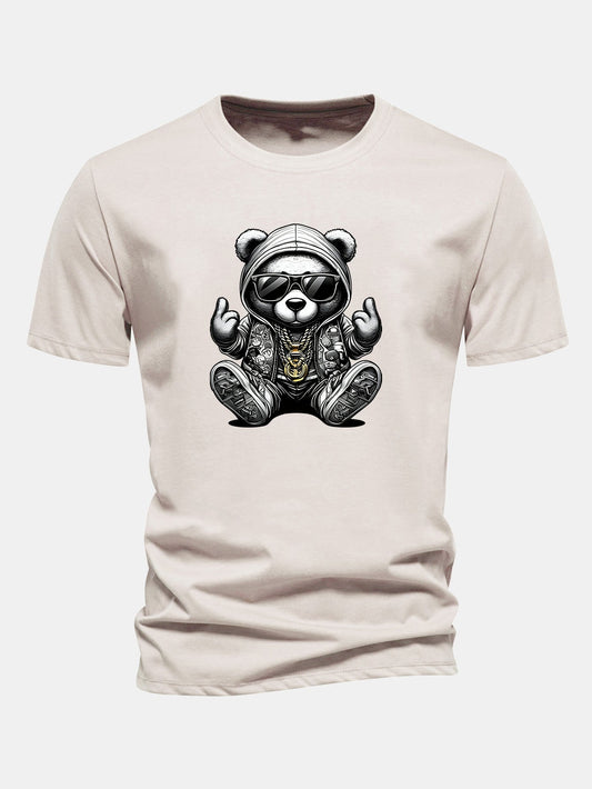 Regular Fit Hip Hop Bear Print Cotton T-Shirt