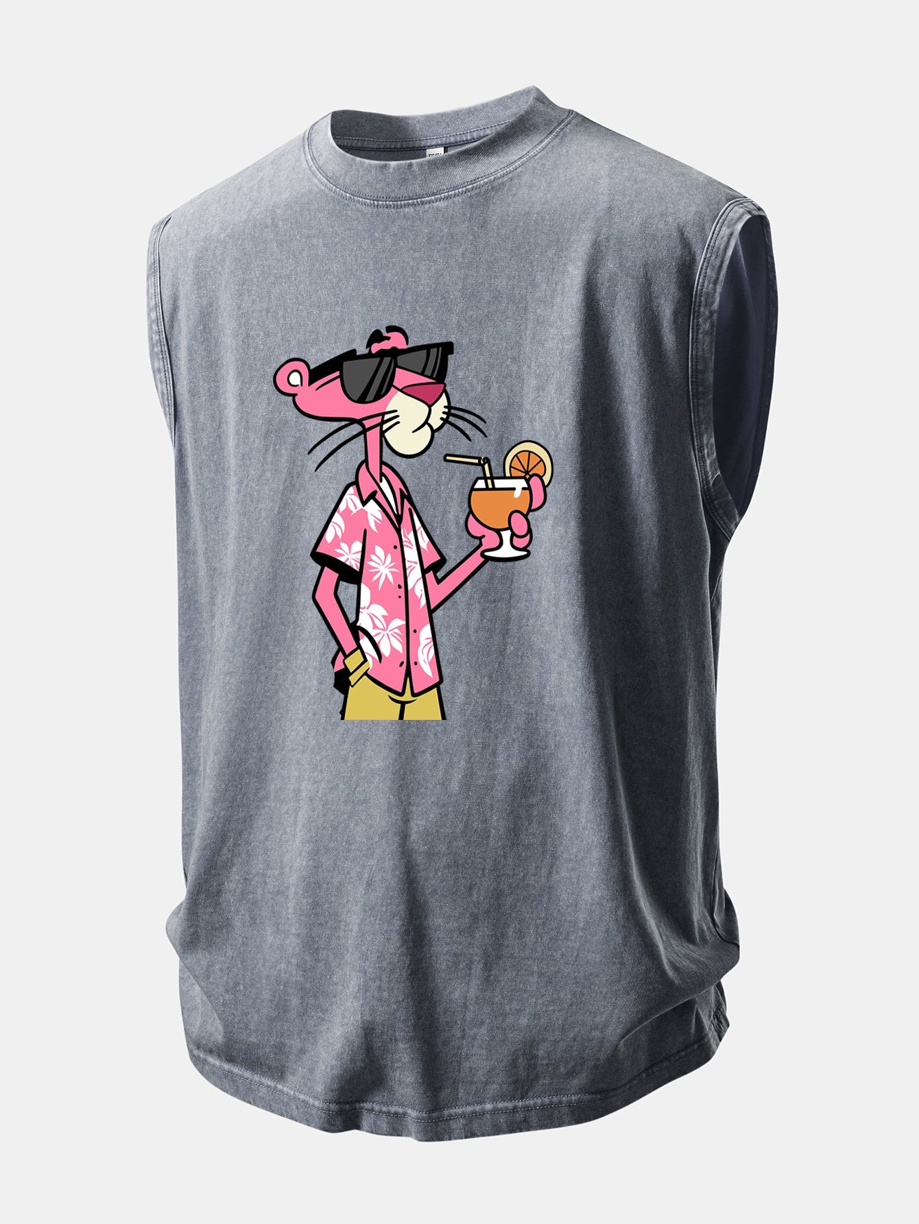 Vacation Pink Panther Print Washed Distressed Tank Top