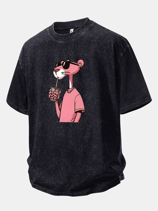 Pink Panther Print Washed Distressed Drop Shoulder T-Shirt