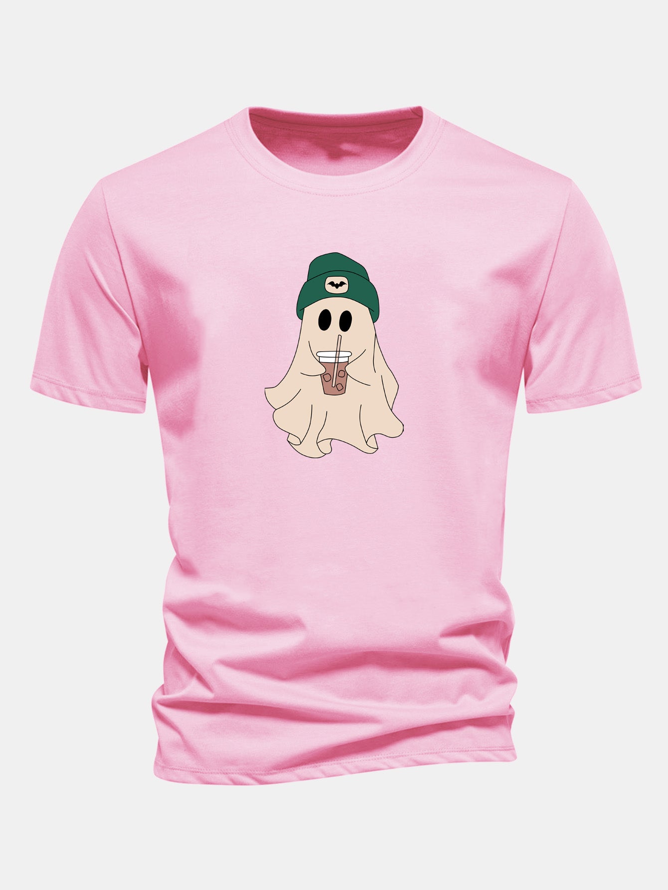 Regular Fit Darkgreen Hat Ghost Print Cotton T-Shirt
