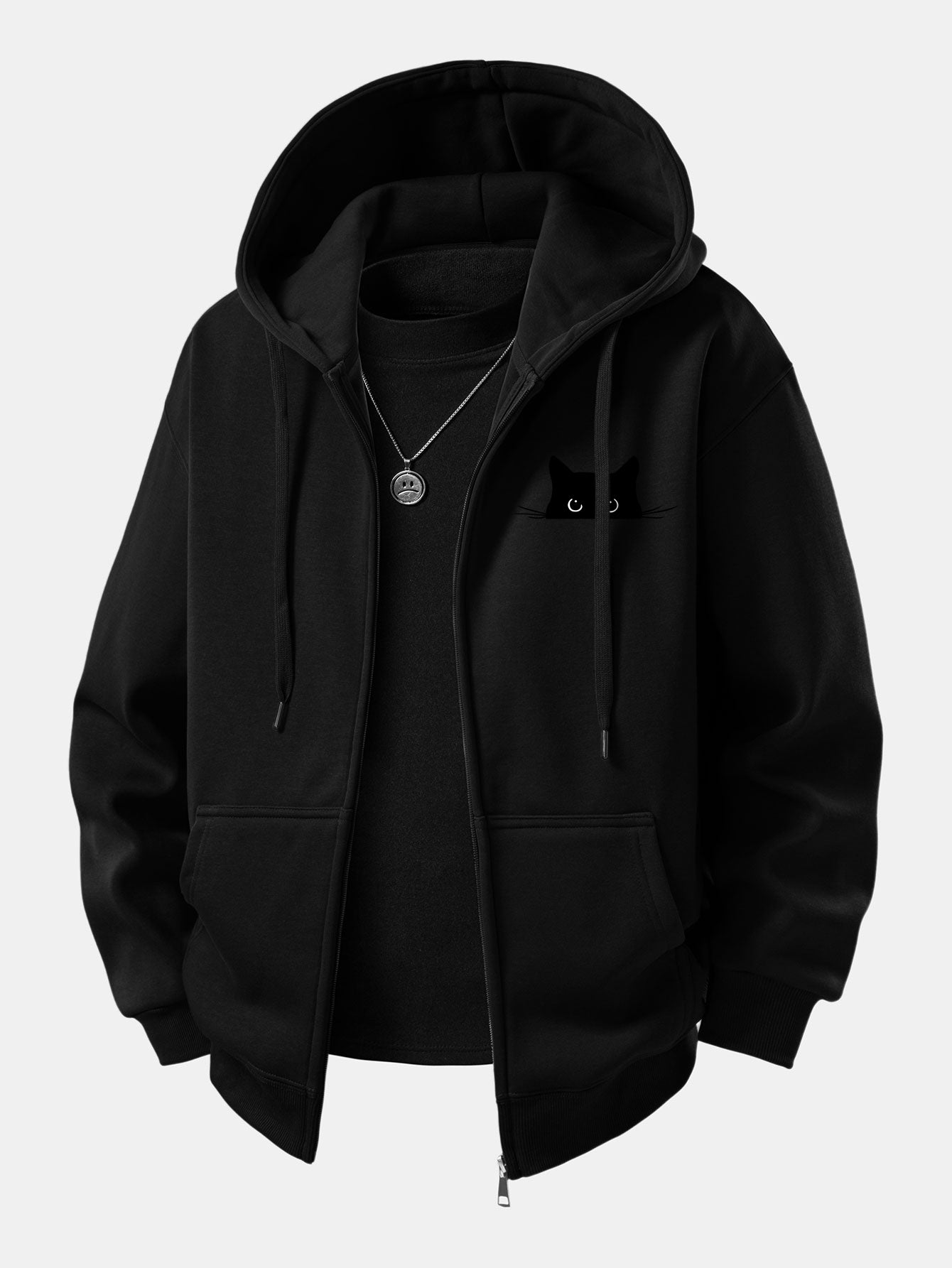 Black Cat Print Zip-Up Hoodie
