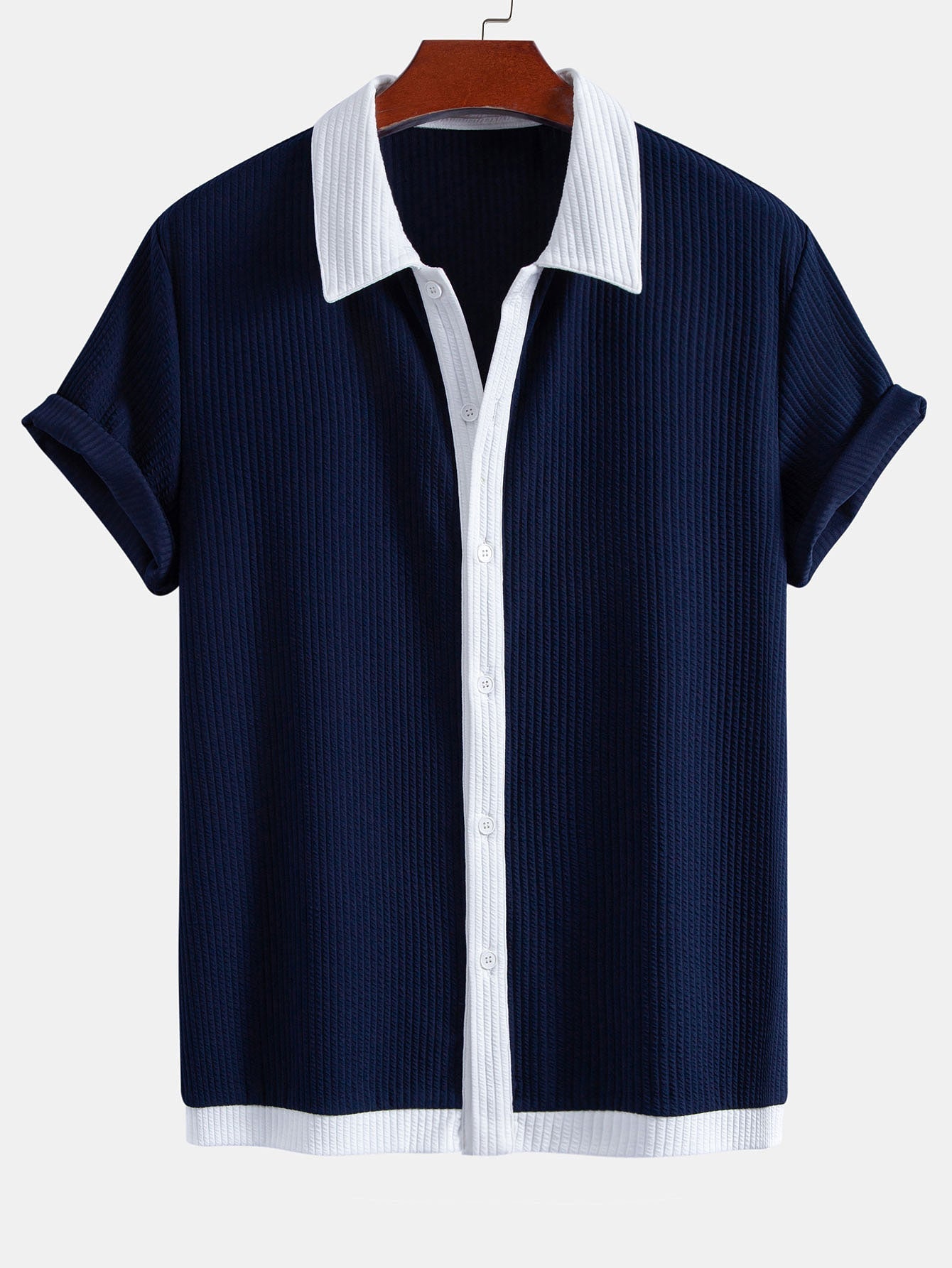 Contrast Ribbed Button Up Shirt & Drawstring Ribbed Shorts