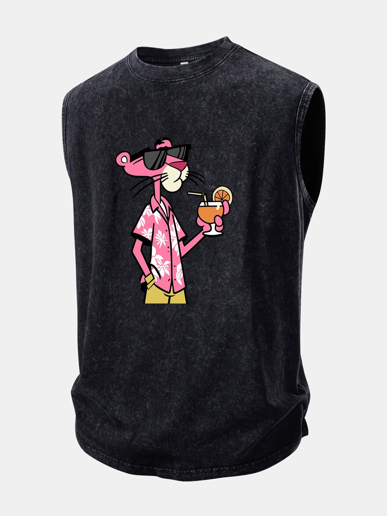 Vacation Pink Panther Print Washed Distressed Tank Top